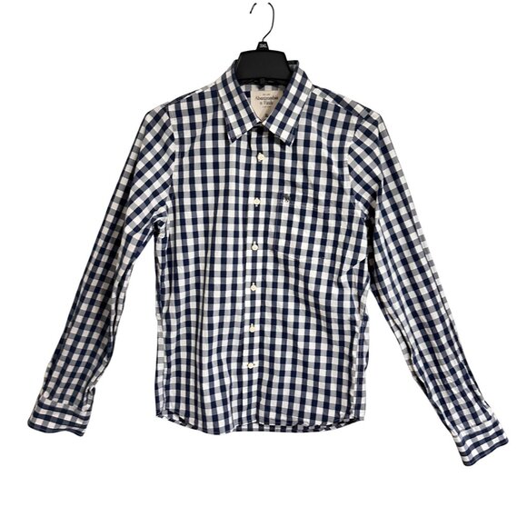Abercrombie & Fitch Blue White Gingham Long Sleeve Muscle Fit Button-Up Shirt XL - Picture 2 of 11